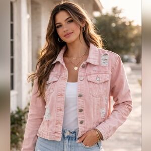 NWT, Distressed Light Pink Denim Jacket | Cropped Jean Jacket | Size Medium
